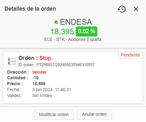 Detalles de una orden de stop de venta de acciones de Endesa en ProRealTime Web