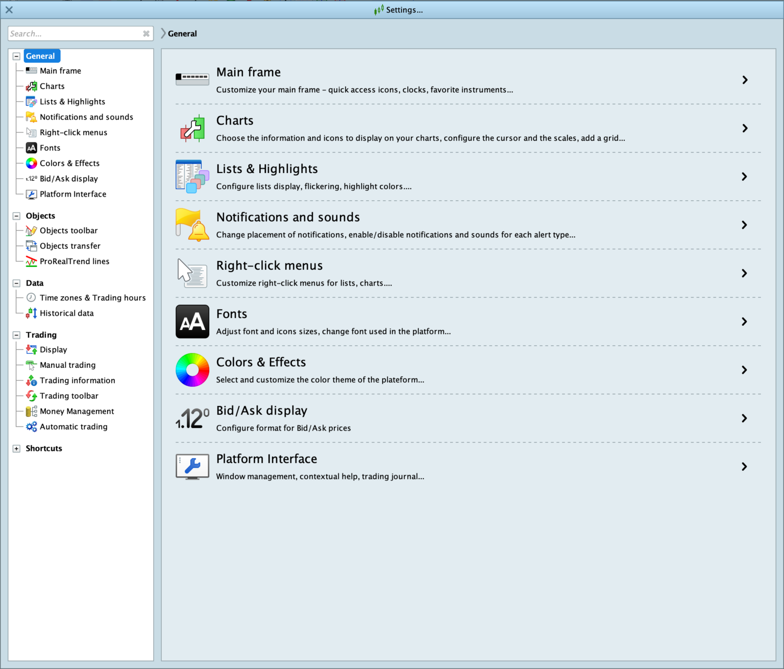 Panel de configuración de la plataforma ProRealTime