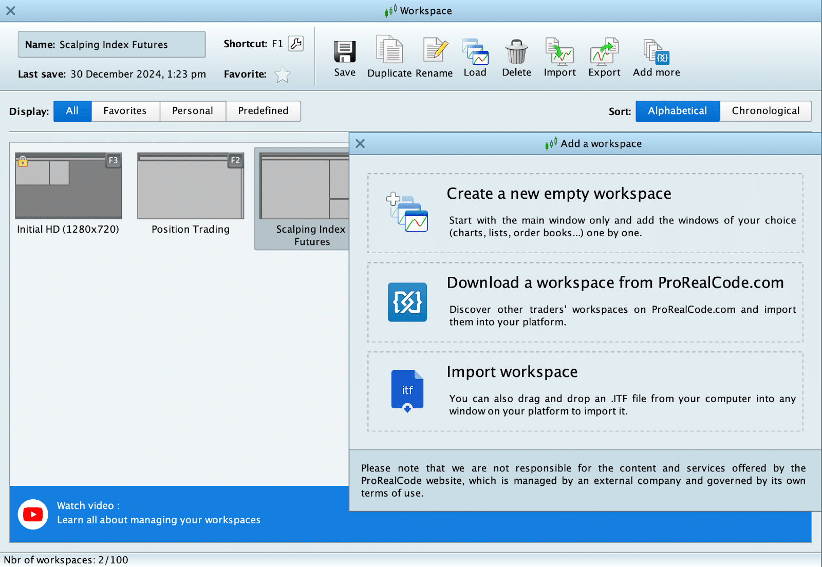 Espacios de trading personalizados en ProRealTime