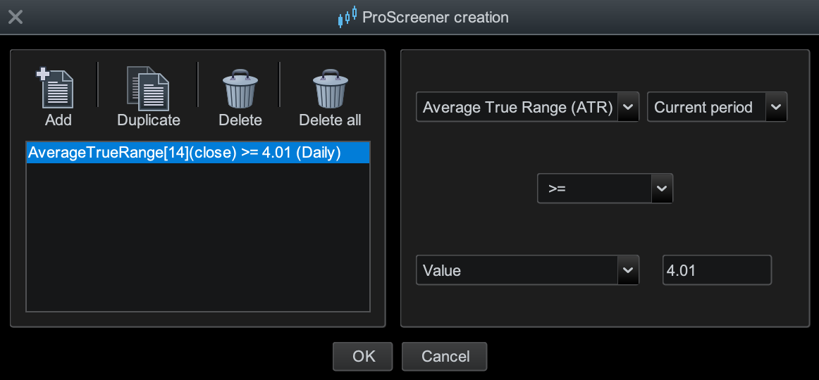 ProScreener de ProRealTime filtra las acciones por ATR.
