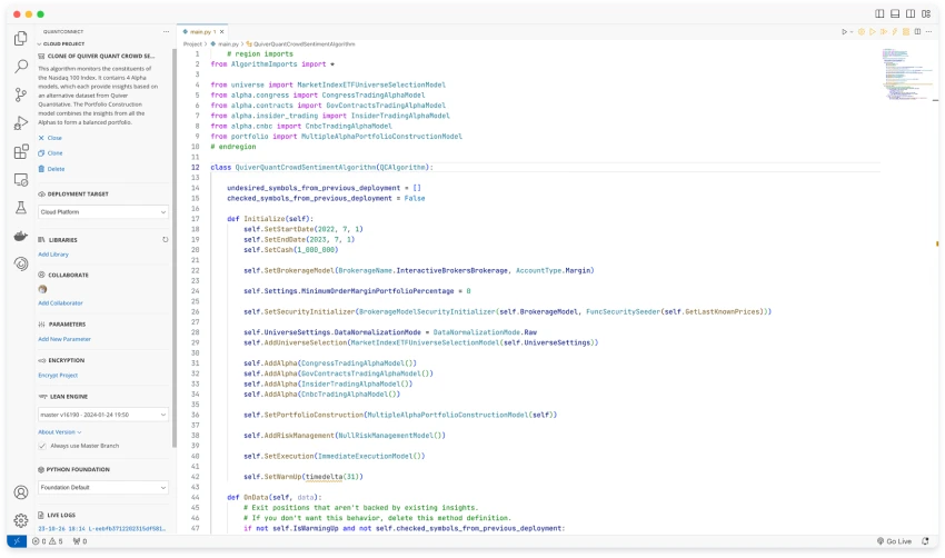 QuantConnect Algorithm Lab, editor de código Python