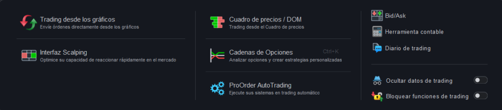 Menú Trading de ProRealTime V13 con el trading desde los gráficos, la interfaz Scalping, el cuadro de precios, Cadenas de Opciones y ProOrder AutoTrading