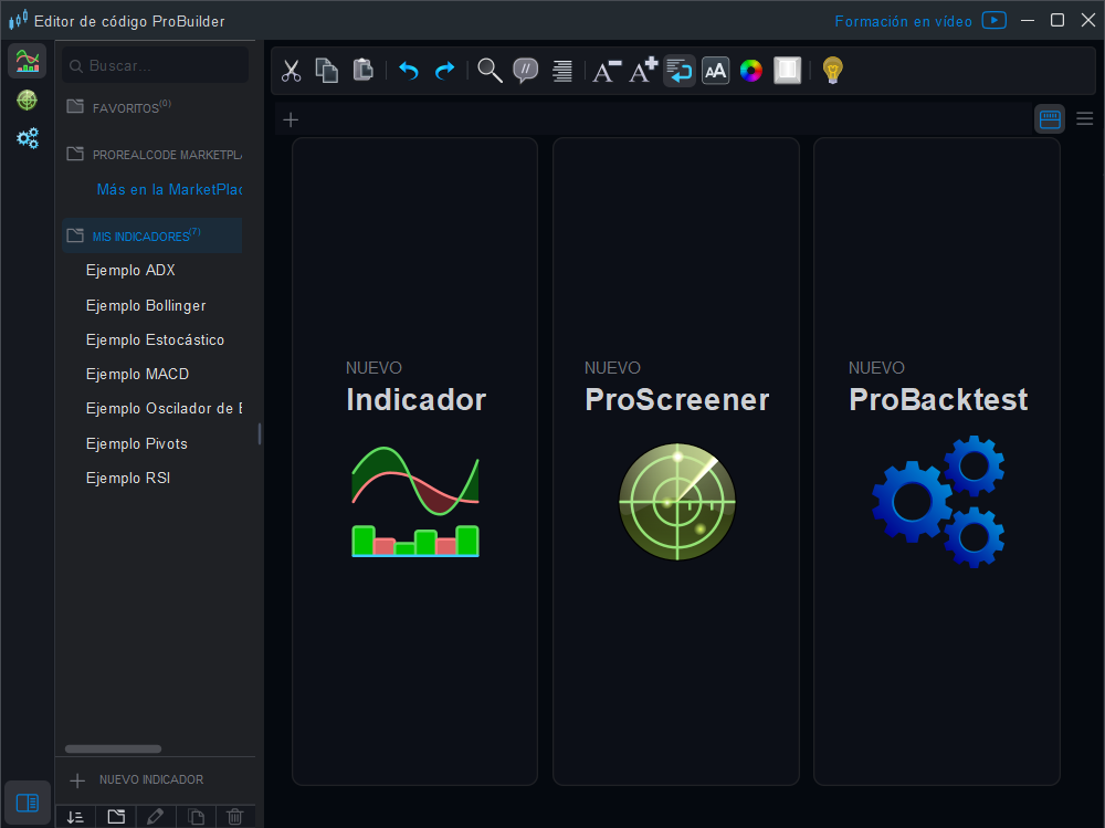 Editor de código ProBuilder de ProRealTime V13 con los indicadores ordenados en carpetas y la creación de un indicador, un ProScreener o un ProBacktest