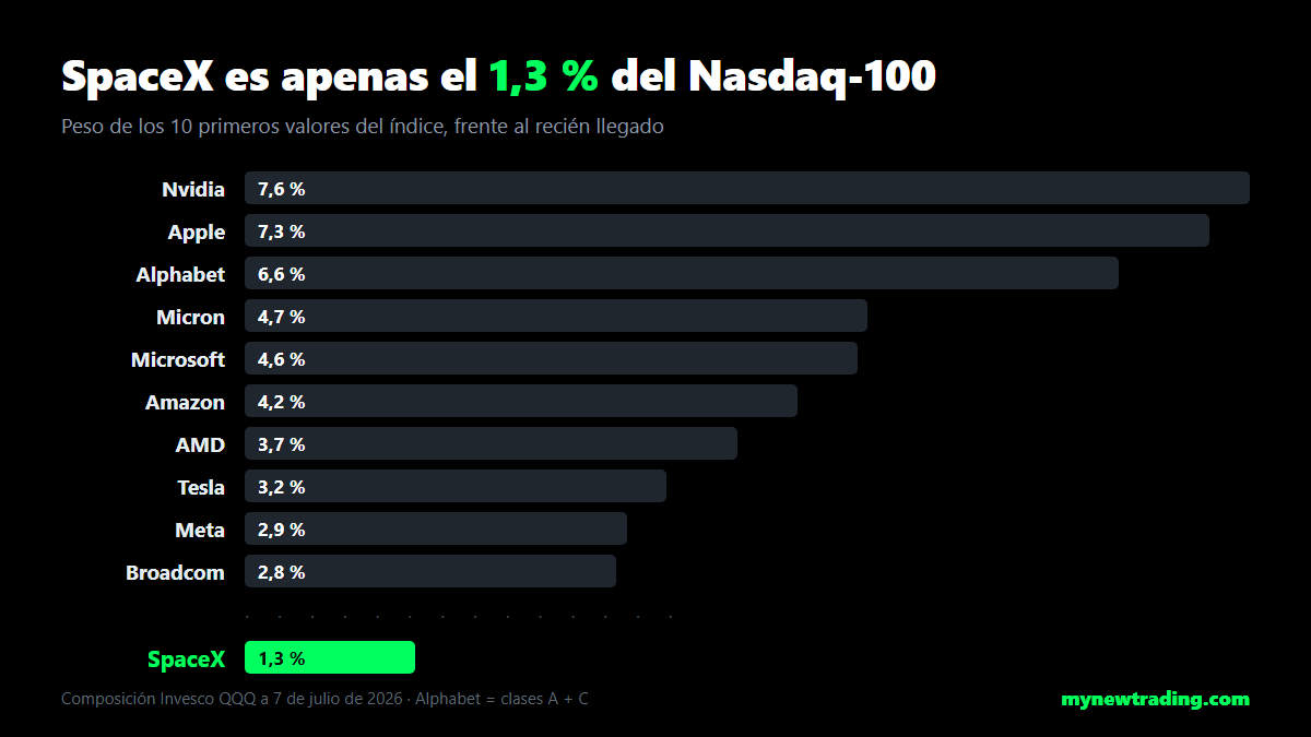 Peso de SpaceX (1,3 %) comparado con los 10 primeros valores del Nasdaq-100