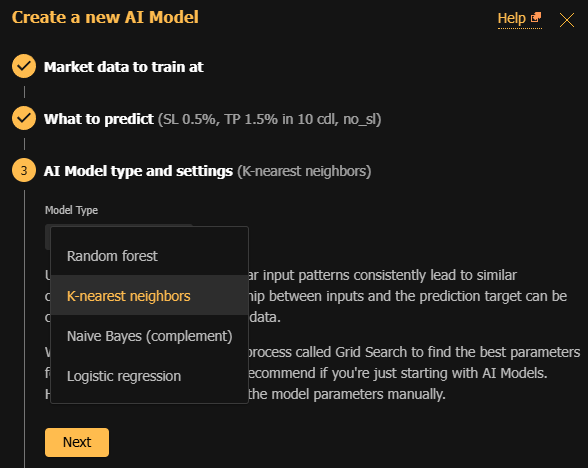 Tipos de modelos de IA y configuración de TrendSpider