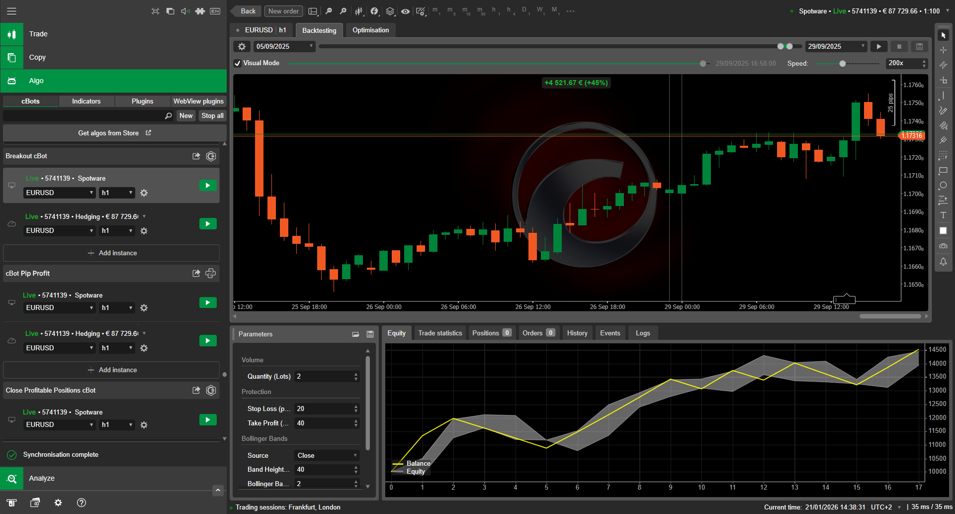 Resultados de backtesting de cTrader con la curva de capital y las métricas de rendimiento
