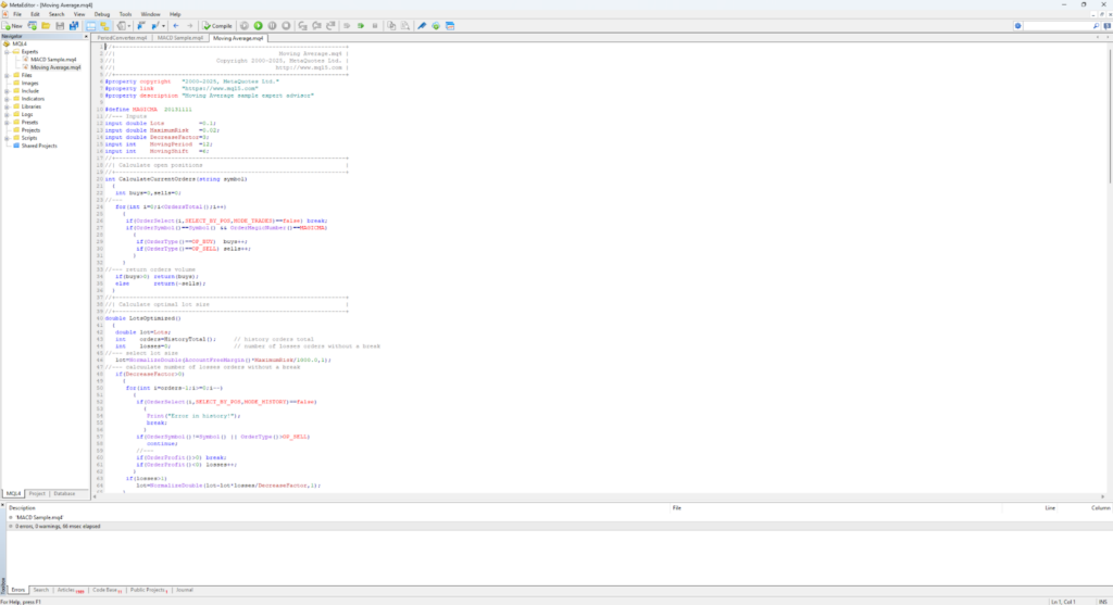 Editor MetaEditor con el código MQL4 de un asesor experto de media móvil