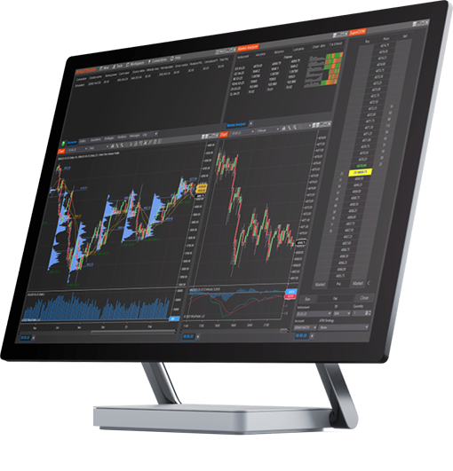 Plataforma de escritorio NinjaTrader con interfaz de gráficos en modo oscuro